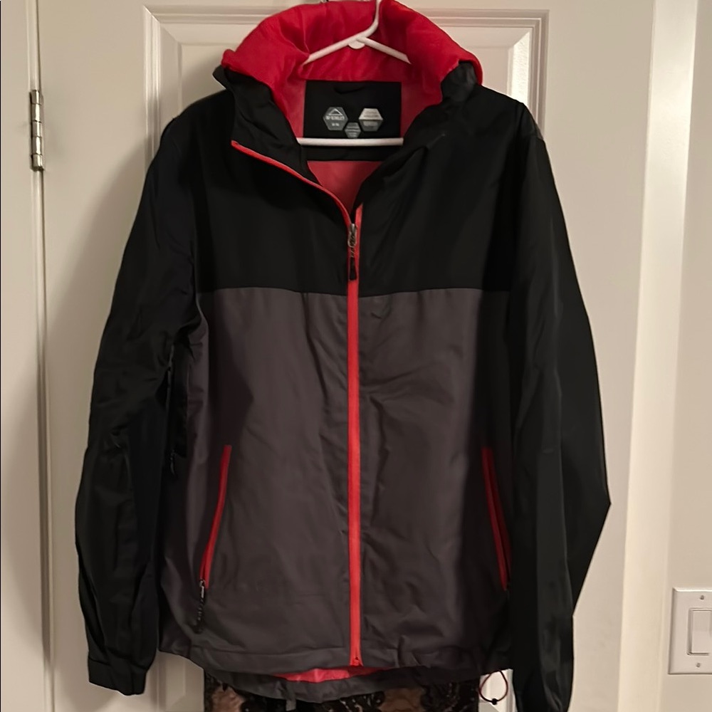 Black and Gray Raincoat with High Collar and Red Zipper